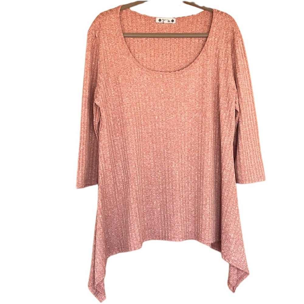 Wilde Pink & White Heathered Ribbed Shark Bite Hem Top. Plus Size 2X. GUC